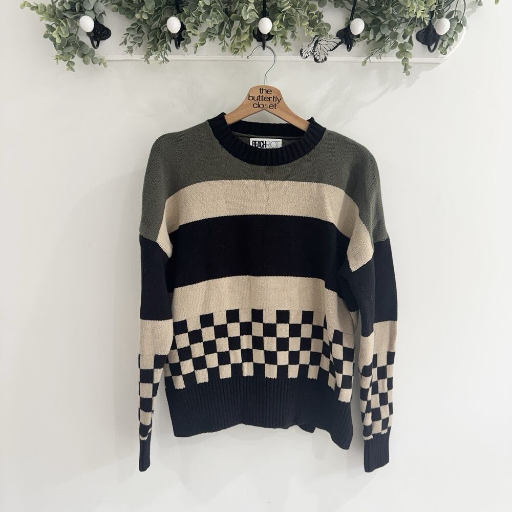 Beach Riot Callie sweater Brown Black Checkered Small #LS